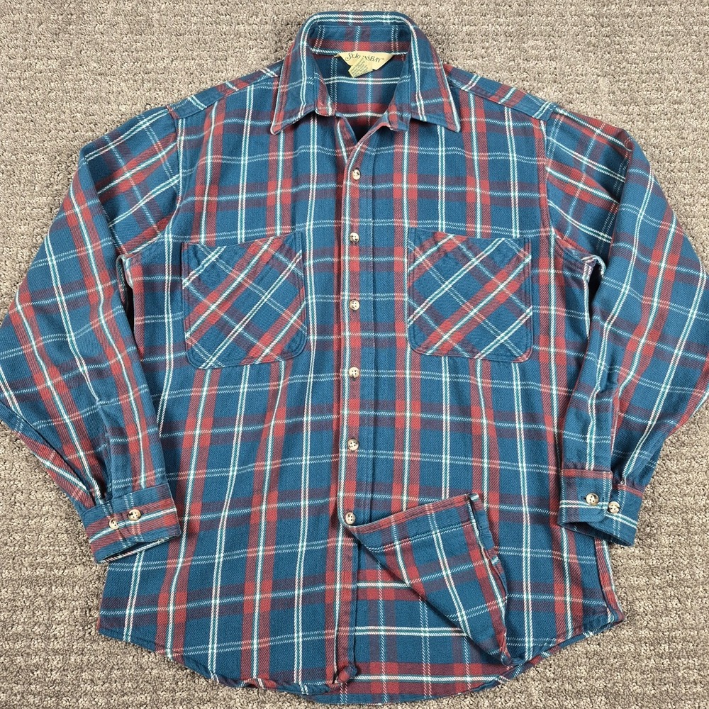 Vintage St Johns Bay Big Mac Flannel Shirt Mens M Blue Plaid Heavy Cotton USA